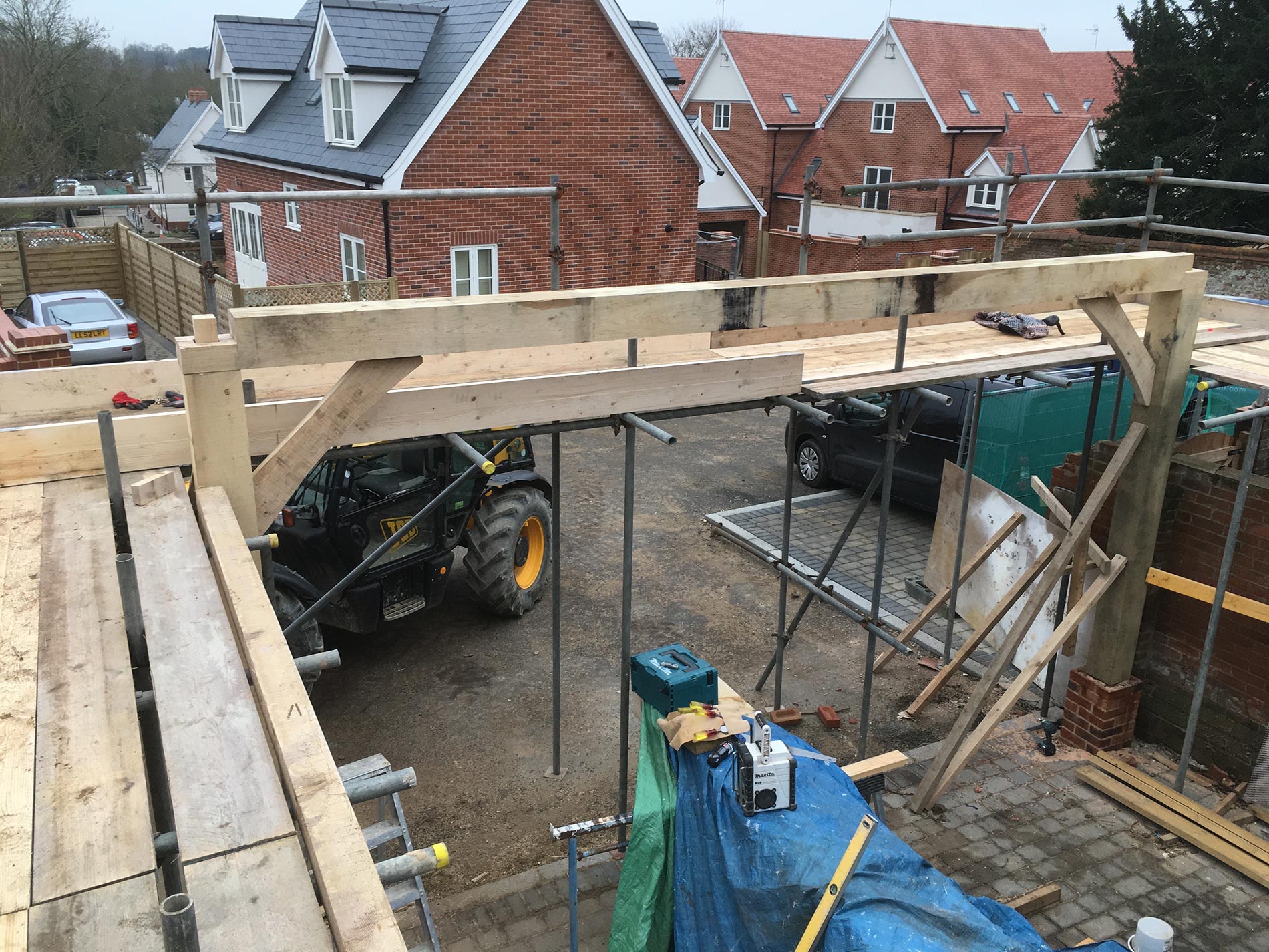 Oak frame structure going up on a new build site